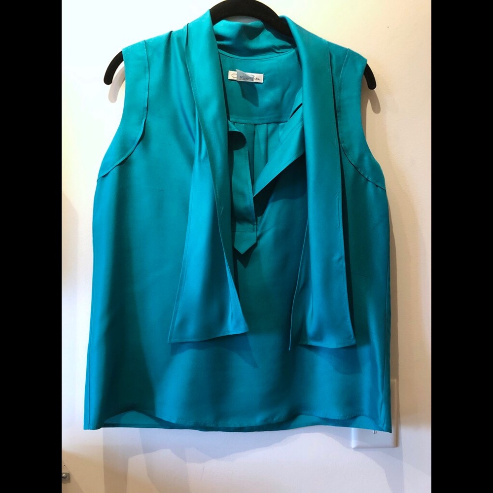Oscar de la Renta Teal Silk Tie-Neck Blouse - Size 6, 2009 Resort Collec…